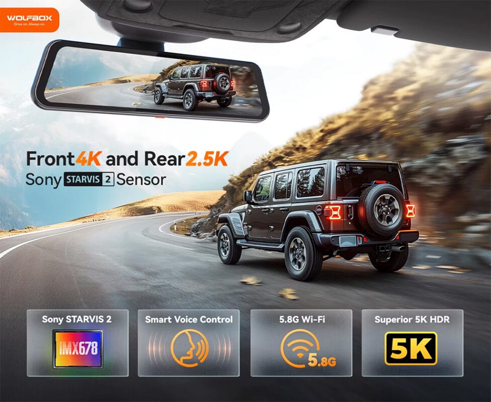 Cam Hành Trình Gương WOLFBOX G900 Pro 4K 2 Cam Hành Trình Gương WOLFBOX G900 Pro 4K