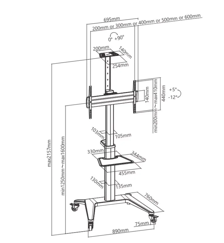 Kich thuoc Gia Treo TV Di Dong Ngang Doc TTV12 46 Mau Trang
