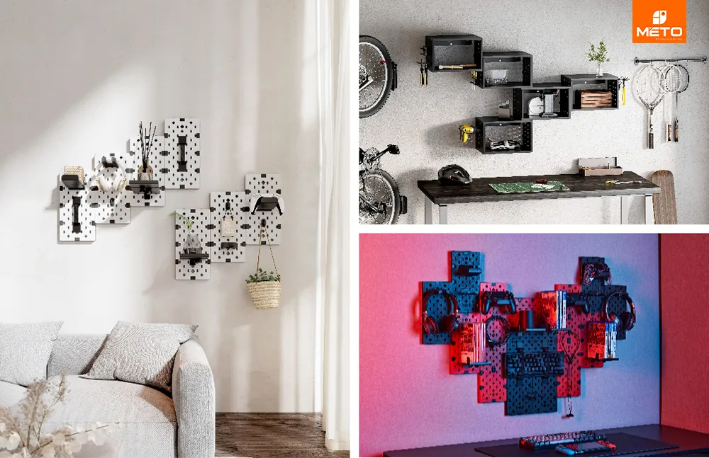 Bằng cách sử dụng bảng pegboard gắn tường dạng mô-đun, bạn có thể biến bức tường thành một không gian rộng, trống trải, nơi bạn có thể thỏa sức sáng tạo với những ý tưởng lưu trữ thú vị.