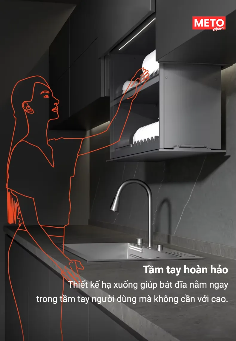 Tủ Đựng Bát Đĩa Nâng Hạ Tự Động SH-ABC Slide-UP01-F thiết kế hạ xuống giúp bát đĩa vừa tầm tay